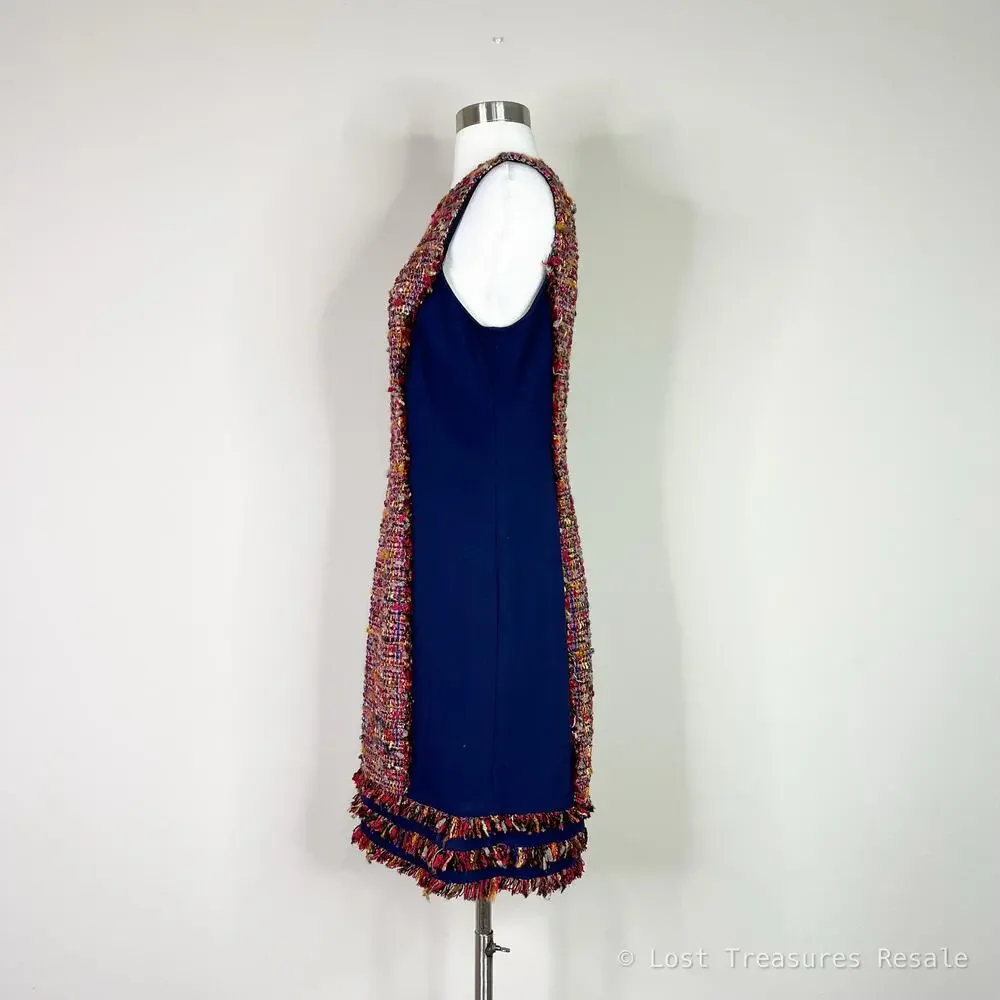 NEW DVF | Jacey Tweed Fringe Navy Blue Red Sleeveless Designer Sheath Dress 10